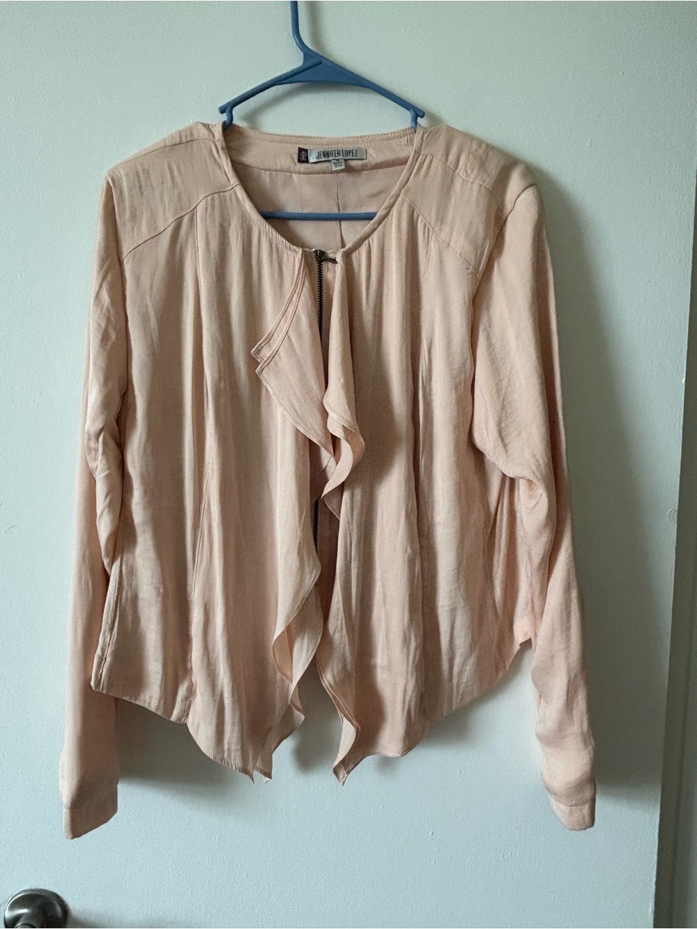 Jennifer Lopez Pale Blush Ruffle-Front Long Sleeve Blouse